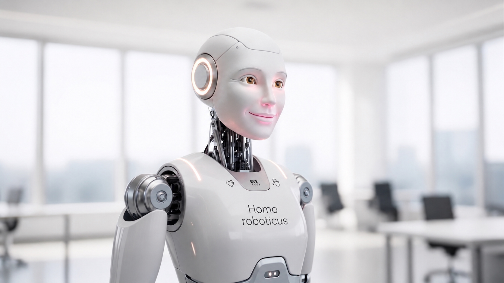 Humanoïde dans un environnement corporate futuriste